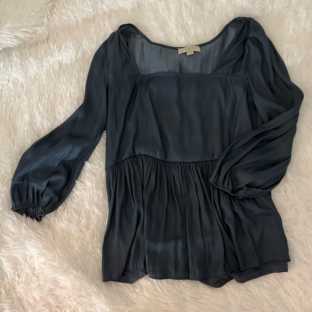 Loft Blue Satin 1/4 Inch sleeve Blouse